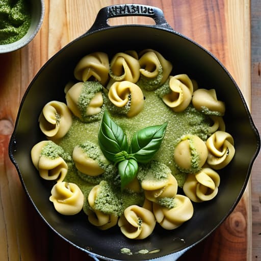Easy One-Pan Pesto Tortellini in a skillet.