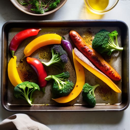 Sheet Pan Sausage and Veggies on baking tray.