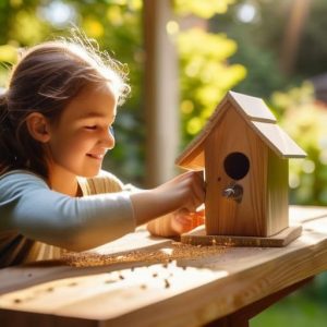 Family learning how to build a birdhouse.