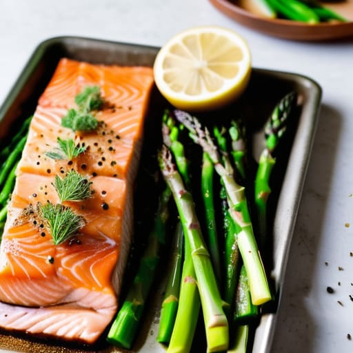 Lemon-Garlic Salmon and Asparagus on pan.